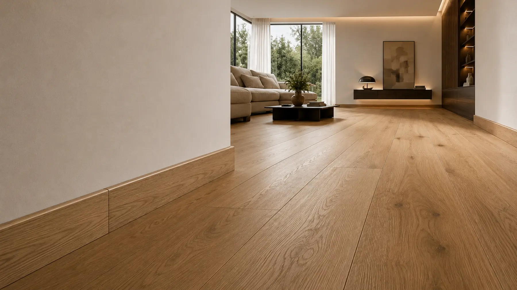 Rodapié de madera coordinado con un suelo MEISTER en un interior contemporáneo